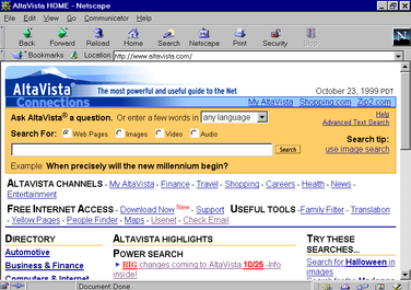 Pantallazo del motor de búsqueda Altavista en 1999